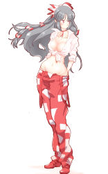 Rule 34 | 1girl, bad id, bad pixiv id, blush, breasts, commentary request, covered erect nipples, fujiwara no mokou, hair ribbon, hand on own hip, highres, hip focus, long hair, looking away, medium breasts, midriff, navel, neck ribbon, no bra, non (z-art), one-hour drawing challenge, panties, pants, panty pull, red eyes, red footwear, ribbon, shirt, shoes, silver hair, solo, suspenders hanging, tied shirt, touhou, underwear, very long hair, white background