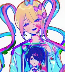 Rule 34 | 1girl, ame-chan (needy girl overdose), blonde hair, blue bow, blue eyes, blue hair, blue shirt, bow, chouzetsusaikawa tenshi-chan, chromatic aberration, glitch, hair bow, highres, holding, holding photo, iei, kongzhi426, long sleeves, looking at viewer, multicolored hair, needy girl overdose, open mouth, photo (object), picture frame, pink bow, pink hair, portrait (object), purple bow, quad tails, sailor collar, school uniform, serafuku, shirt, simple background, smile, solo, standing, twintails, upper body, white background