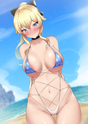 Rule 34 | 1girl, bare shoulders, beach, bikini, blonde hair, blue eyes, blush, bow, breasts, cleavage, collarbone, dearonnus, genshin impact, hair bow, highres, jean (genshin impact), large breasts, long hair, looking at viewer, navel, ponytail, sidelocks, smile, solo, swimsuit, thighs