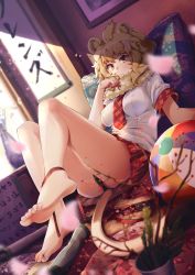 Rule 34 | 10s, 1girl, ahoge, animal ear fluff, animal ears, ball, banner, bare legs, barefoot, between breasts, black panties, blonde hair, blush, breasts, casino (casinoep), closed mouth, commentary request, covered erect nipples, cushion, day, dutch angle, expressionless, feet, floral print, flower pot, foreshortening, fur collar, indoors, kemono friends, leg up, legs, lion (kemono friends), lion ears, lion tail, looking at viewer, lying, miniskirt, motion blur, nail polish, necktie, necktie between breasts, on back, panties, petals, picture frame, pink nails, plaid, plaid necktie, plaid neckwear, plaid skirt, pleated skirt, red necktie, red skirt, shirt, short hair, short sleeves, skirt, soles, solo, sunlight, tail, toenail polish, toenails, toes, underwear, upskirt, vase, white shirt, yellow eyes