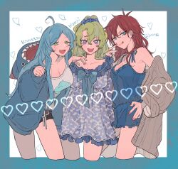 Rule 34 | 3girls, ahoge, amagi rinne, black shorts, blue eyes, blue hair, blue jacket, blue shorts, blue tank top, breasts, brown cardigan, cardigan, character name, cleavage, dppy tmg, dress, ensemble stars!, genderswap, genderswap (mtf), green eyes, green hair, grey dress, grey tank top, hand on own hip, highres, jacket, long hair, multicolored clothes, multicolored dress, multiple girls, pajamas, purple dress, purple eyes, red hair, shinkai kanata, shorts, tank top, tomoe hiyori