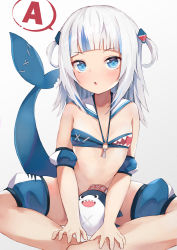 Rule 34 | 1girl, a (phrase), absurdres, adapted costume, bikini, bloop (gawr gura), blue bikini, blue hair, blunt bangs, bottomless, fins, fish tail, flat chest, gawr gura, highres, hololive, hololive english, kobi (piliheros2000), long hair, looking at viewer, multicolored hair, o-ring, o-ring bikini, o-ring top, shark tail, simple background, sitting, solo, streaked hair, swimsuit, tail, virtual youtuber, white background, white hair