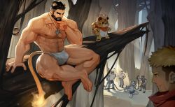Rule 34 | abs, alca (wakatanka4), animal ears, bandit, bara, beard, beenic, biceps, black eyes, black hair, blindfold, blonde hair, branch, bulge, chain, chest tattoo, dog boy, earrings, facial hair, fiery tail, fire, forest, furry, furry male, green eyes, hairy, hand on own chin, hand tattoo, headphones, highres, metal ball, jewelry, kneeling, large pectorals, lion ears, lion tail, loincloth, male focus, male underwear, manly, mature male, multicolored hair, multiple boys, nature, navel, navel hair, nipples, original, outdoors, pants, pectorals, peterhl, red eyes, romg, rope, scarf, shirt, shorts, sideburns, smile, stubble, sunlight, tail, tattoo, thick arms, thick eyebrows, thick thighs, thighs, tiger (alca), tiger boy, topless male, torn clothes, tree, undercut, underwear, waving