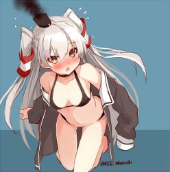 Rule 34 | 10s, 1girl, amatsukaze (kancolle), bikini, black bikini, blue background, blush, breasts, brown dress, chestnut mouth, dress, embarrassed, flying sweatdrops, hair tubes, kantai collection, kneeling, long hair, long sleeves, looking at viewer, navel, nose blush, open mouth, sailor dress, silver hair, simple background, small breasts, smoke, solo, swimsuit, takanashie, twitter username, two side up, undressing, yellow eyes