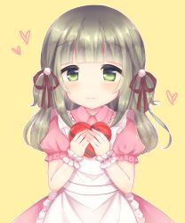 Rule 34 | 1girl, apron, blush, box, brown ribbon, caramel (caramelmilk), closed mouth, collared shirt, commentary request, fingernails, frilled apron, frills, gift, gift box, green eyes, green hair, hair ornament, hair ribbon, hands up, heart, heart-shaped box, holding, holding gift, long hair, maid apron, original, own hands together, pink shirt, pink skirt, puffy short sleeves, puffy sleeves, ribbon, shirt, short sleeves, simple background, skirt, smile, solo, valentine, white apron, wrist cuffs, yellow background