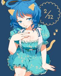 Rule 34 | 1girl, animal ears, blue background, blue dress, blue eyes, blue hair, breasts, cat ears, cat tail, cleavage, dress, flower, frilled dress, frills, hair ornament, hair rings, hair stick, hand on own chest, kaku seiga, large breasts, looking at viewer, matching hair/eyes, nail polish, senba21, simple background, smile, solo, tail, touhou
