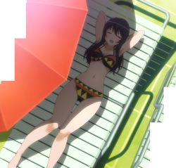 Rule 34 | 10s, 1girl, :d, armpits, arms behind head, arms up, barefoot, beach umbrella, bikini, black hair, blush, breasts, checkered bikini, checkered clothes, cleavage, closed eyes, dutch angle, female focus, from above, fujimi suzu, full body, highres, long hair, lying, medium hair, narrow waist, navel, nitroplus, on back, open mouth, outdoors, print bikini, screencap, shade, smile, solo, soniani, stitched, swimsuit, thigh gap, thighs, third-party edit, tile floor, tiles, umbrella, wide hips