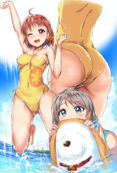 Rule 34 | 10s, 2girls, ;d, ahoge, animal, animal collar, arm up, ass, blue eyes, blue sky, blush, breasts, brown hair, cloud, collar, covered erect nipples, covered navel, day, dog, dutch angle, hair ornament, hair ribbon, jumping, kamishiro ryuu, love live!, love live! school idol festival, love live! sunshine!!, medium breasts, motion lines, multiple girls, ocean, one-piece swimsuit, one eye closed, open mouth, orange hair, outdoors, red eyes, ribbon, shiitake (love live! sunshine!!), shiny skin, short hair, sketch, sky, smile, swimsuit, takami chika, watanabe you, water