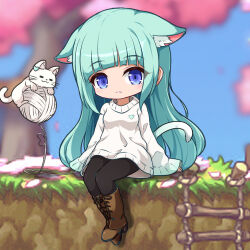 Rule 34 | 1girl, = =, animal, animal ears, black pantyhose, blue eyes, blue sky, blurry, blurry background, boots, brown footwear, cat, cat ears, cat girl, cat tail, chibi, closed eyes, closed mouth, cross-laced footwear, day, depth of field, full body, game screenshot background, green hair, heart, highres, lace-up boots, long hair, long sleeves, nekono rin, original, outdoors, pantyhose, sky, sleeves past fingers, sleeves past wrists, solo, sweater, tail, tree, very long hair, white cat, white sweater, wide sleeves, yarn, yarn ball
