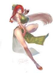 Rule 34 | 1girl, absurdres, bad id, bad pixiv id, bandages, bare shoulders, blue eyes, braid, breasts, china dress, chinese clothes, crop top, dress, hat, highres, hong meiling, large breasts, legs, long hair, long legs, midriff, navel, red hair, signature, simple background, sola7764, solo, thighs, touhou, twin braids, white background