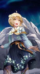 Rule 34 | 1girl, :d, absurdres, alternate costume, blonde hair, dress, floral print, flower, genshin impact, hair flower, hair ornament, highres, long sleeves, lumine (genshin impact), mountain, new year, night, night sky, open mouth, sky, smile, solo, sora (men0105), star (sky), starry sky, winter clothes, yellow eyes