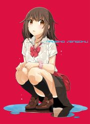 Rule 34 | 1girl, bag, black skirt, black socks, blunt bangs, blush, bow, bowtie, brown eyes, brown footwear, brown hair, character name, clothes around waist, commentary, full body, highres, jacket, jacket around waist, kneehighs, loafers, looking at viewer, looking to the side, medium hair, monogatari (series), parted lips, pink scrunchie, pleated skirt, puddle, red background, red bow, red bowtie, red jacket, reflection, reflective water, school bag, school uniform, scrunchie, see-through, see-through shirt, sengoku nadeko, shirt, shoes, simple background, skirt, socks, solo, squatting, water, water drop, wet, wet clothes, wet shirt, white shirt, wrist scrunchie, yamanami kousuke