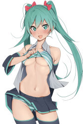 Rule 34 | 1girl, :d, aqua eyes, aqua hair, areola slip, bare shoulders, black thighhighs, blush, bow, bra, bra lift, breasts, detached sleeves, furuyama itaru, gluteal fold, groin, hair bow, hatsune miku, lifting own clothes, long hair, looking at viewer, medium breasts, navel, open clothes, open mouth, open vest, panties, pleated skirt, simple background, skirt, smile, solo, striped bra, striped clothes, striped panties, thighhighs, twintails, underboob, underwear, vest, vocaloid, white background
