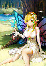 Rule 34 | 1girl, 1other, absurdres, arm at side, bare shoulders, blonde hair, blunt bangs, blush, breasts, breasts apart, bush, cleavage, closed mouth, collarbone, daisy, day, dress, elbow gloves, fairy, fairy wings, flower, gloves, grass, green eyes, green shirt, hair flower, hair ornament, hairband, hand to own mouth, hand up, highres, jai (whany1998), knee up, leaf, lips, long hair, medium breasts, mini person, mushroom, nature, original, outdoors, plant, pointy ears, river, scenery, shirt, sidelocks, size difference, sleeveless, sleeveless dress, smile, sparkle, thigh strap, tree, water, white dress, white gloves, white hairband, wings