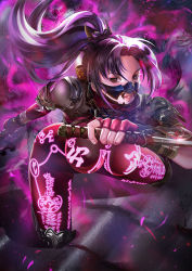 Rule 34 | 1girl, armor, black hair, bodysuit, breasts, brown eyes, carlos morilla, clothes writing, covered navel, dual wielding, floating hair, full body, gauntlets, hanging breasts, high ponytail, highres, holding, impossible clothes, japanese armor, large breasts, long hair, looking at viewer, mask, mouth mask, ninja, oni, ponytail, runes, sandals, sheath, sheathed, shin guards, skin tight, solo, soul calibur, soulcalibur, soulcalibur vi, sword, taki (soulcalibur), weapon