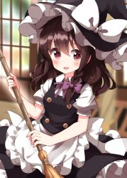 Rule 34 | 1girl, apron, back bow, black dress, black hat, blurry, blurry background, blush, bow, bowtie, braid, breasts, broom, brown hair, buttons, cosplay, dress, eyes visible through hair, floor, hair between eyes, hair bow, hakurei reimu, hands up, hat, hat bow, highres, holding, holding broom, indoors, kirisame marisa, kirisame marisa (cosplay), looking to the side, medium breasts, medium hair, one-hour drawing challenge, open mouth, puffy short sleeves, puffy sleeves, purple bow, purple bowtie, red eyes, ruu (tksymkw), shirt, short sleeves, single braid, smile, solo, sunlight, sweatdrop, tongue, touhou, tree, wall, white apron, white bow, white shirt, window, witch hat