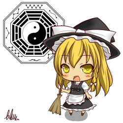 Rule 34 | 1girl, apron, arm up, bagua, blonde hair, blush, bow, braid, broom, buttons, chibi, dress shirt, female focus, hair bow, hat, hat bow, high collar, holding, kirisame marisa, libus, long hair, looking at viewer, open mouth, shadow, shirt, short sleeves, simple background, single braid, skirt, solo, touhou, trigram, vest, white background, witch, witch hat, yellow eyes, yin yang