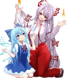 Rule 34 | 2girls, absurdres, alternate hair length, alternate hairstyle, blue dress, blue eyes, blue hair, bow, cirno, closed mouth, collared shirt, commentary request, dress, fire, fujiwara no mokou, full body, grey hair, hair bow, highres, ice, kneeling, long hair, looking at another, mikan (manmarumikan), multiple girls, pants, red eyes, red pants, shirt, short sleeves, smile, suspenders, touhou, white bow, white shirt