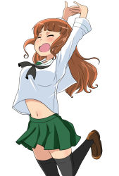 Rule 34 | 1girl, arms up, black neckerchief, black thighhighs, blouse, blunt bangs, brown footwear, closed eyes, commentary, cowboy shot, girls und panzer, green skirt, highres, interlocked fingers, leg up, loafers, long hair, long sleeves, midriff, miniskirt, navel, neckerchief, ooarai school uniform, open mouth, orange hair, own hands together, pleated skirt, sailor collar, school uniform, serafuku, shirt, shoes, simple background, skirt, solo, standing, standing on one leg, stretching, takebe saori, thighhighs, wakku kan, white background, white sailor collar, white shirt