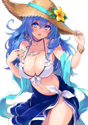 Rule 34 | 1girl, :d, bangle, bare shoulders, bikini, blue eyes, blue hair, blue nails, blue ribbon, blue sarong, blush, bracelet, breasts, cleavage, collarbone, commentary request, cowboy shot, cu-no, earrings, fingernails, flower, hair between eyes, hand on headwear, hands up, hat, hat flower, hat ribbon, head tilt, hisen kaede, hoop earrings, jewelry, kohitsuji ai, large breasts, long hair, looking at viewer, nail polish, navel, open mouth, ribbon, sarong, simple background, smile, solo, straw hat, sun hat, swimsuit, very long hair, white background, white bikini, yellow flower