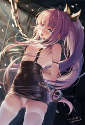 Rule 34 | 1girl, azur lane, bdsm, blue eyes, blush, bondage, bound, bound arms, breasts, chain, collar, cuffs, hair ribbon, handcuffs, highres, leash, long hair, looking at viewer, open mouth, paint musume, panties, ponytail, purple hair, revision, ribbon, sex toy, slave, small breasts, solo, suspenders, tashkent (azur lane), tashkent (the bound cruiser) (azur lane), thighhighs, tongue, tongue out, underwear, vibrator, vibrator under clothes, vibrator under panties, white panties, white thighhighs, window