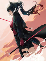 Rule 34 | 1girl, animal ears, arknights, black hair, black jacket, black shorts, breasts, cigarette, cloud, dejio, dual wielding, dutch angle, feet out of frame, from side, gloves, gradient hair, highres, holding, holding weapon, jacket, long sleeves, medium breasts, mouth hold, multicolored hair, official alternate costume, open clothes, open jacket, orange sky, outdoors, ponytail, profile, red eyes, red gloves, red hair, red shirt, shirt, shorts, sky, smoke, smoking, solo, standing, striped clothes, striped shorts, tail, texas (arknights), texas (willpower) (arknights), thigh strap, vertical-striped clothes, vertical-striped shorts, watch, weapon, wolf ears, wolf girl, wolf tail, wristwatch