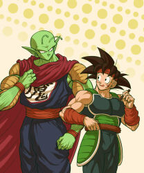 Rule 34 | 2boys, antennae, arm warmers, armor, baggy pants, bardock, bardock (cosplay), bare shoulders, biceps, black hair, blue pants, blush, breastplate, cape, closed mouth, colored skin, commentary request, cosplay, cosplay request, cowboy shot, dougi, dragon ball, dragonball z, fake scar, green skin, hand up, headband, highres, holding, holding marker, koukyouji, looking at another, male focus, marker, multiple boys, muscular, muscular male, namekian, open mouth, pants, piccolo, pointy ears, red cape, red headband, red sash, saiyan armor, sash, simple background, son goku, spiked hair, standing, sweatdrop, v-shaped eyebrows, yellow background