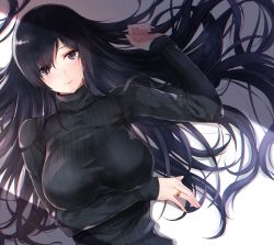 Rule 34 | 1girl, alice gear aegis, black eyes, black hair, black sweater, breasts, closed mouth, hand on own stomach, highres, jewelry, kagome misaki, large breasts, lips, long hair, looking at viewer, lying, mole, mole under eye, on back, puru (ex-150), ring, shade, smile, solo, sweater