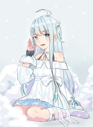 Rule 34 | 1girl, absurdres, ahoge, amatsuka uto, angel wings, bare shoulders, blue eyes, blue hair, cloud, colored tips, detached sleeves, dress, dullbright, hair ornament, hairclip, halter dress, halterneck, highres, indie virtual youtuber, layered dress, long hair, looking at viewer, multicolored hair, off-shoulder dress, off shoulder, open mouth, ribbon, simple background, sitting, smile, solo, twintails, virtual youtuber, white legwear, wings
