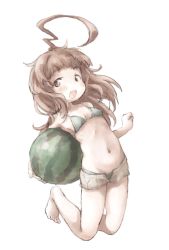 Rule 34 | 1girl, ahoge, barefoot, bikini, blush, brown eyes, brown hair, feet, female focus, food, fruit, full body, highres, kantai collection, kuma (kancolle), navel, nenena, open mouth, short shorts, shorts, simple background, solo, swimsuit, toes, watermelon, white background