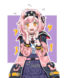 Rule 34 | 1girl, animal ears, arknights, black choker, black jacket, braid, cat ears, choker, collarbone, commentary request, flying sweatdrops, frilled skirt, frills, goldenglow (arknights), hair over shoulder, hands up, highres, jacket, lightning bolt symbol, long hair, long sleeves, looking at viewer, open clothes, open jacket, open mouth, outline, owanwan 1205, pink hair, puffy long sleeves, puffy sleeves, purple background, purple skirt, ringed eyes, scissors, shirt, single braid, skirt, solo, two-tone background, wavy mouth, white background, white outline, white shirt, yellow eyes