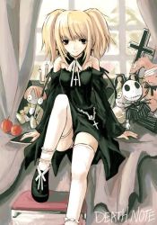 Rule 34 | 00s, 1girl, amane misa, apple, bare shoulders, blonde hair, book, bow, candelabra, candle, candlestand, choker, collar, corpse bride, cross, crossover, curtains, death note, duplicate, food, frills, fruit, jack skellington, jewelry, kotonemaru, latin cross, necklace, panties, pantyshot, rabbit, ribbon, rosary, sitting, socks, solo, stuffed animal, stuffed toy, the nightmare before christmas, thighhighs, twintails, two side up, underwear, upskirt, window