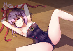 Rule 34 | 1girl, armpits, bare legs, bare shoulders, bdsm, blunt bangs, bondage, bound, bound wrists, breasts, collarbone, euforia, eyebrows, fate/grand order, fate (series), helena blavatsky (fate), legs up, leotard, lying, on back, on ground, open mouth, purple eyes, purple hair, red ribbon, ribbon, sefirot, short hair, small breasts, solo, spread legs, strapless, strapless leotard, sunlight, wooden floor