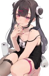 Rule 34 | 1girl, absurdres, arm between legs, bare shoulders, black choker, black hair, black nightgown, blush, bow, breasts, can, choker, cleavage, closed mouth, commentary request, daluto (hitomi555), ear piercing, finger to own chin, frilled thighhighs, frills, hair ornament, hairclip, heart, heart choker, highres, long hair, looking at viewer, nightgown, original, piercing, pink eyes, pink nails, single thighhigh, sitting, small breasts, smile, solo, strap slip, thigh strap, thighhighs, twintails, x hair ornament