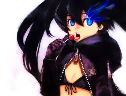Rule 34 | 10s, 1girl, bikini, bikini top only, black hair, black rock shooter, black rock shooter (character), blue eyes, boyaking, candy, female focus, food, glowing, glowing eyes, gradient background, licking, lollipop, open mouth, solo, swimsuit, tongue, white background
