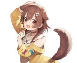 Rule 34 | 1girl, :d, animal ears, arm up, blue bow, blush, bone hair ornament, bow, braid, brown eyes, brown hair, cartoon bone, choker, commentary request, dog ears, dog girl, dog tail, dress, hair between eyes, hair ornament, hair over shoulder, hololive, inugami korone, inugami korone (1st costume), jacket, long hair, looking at viewer, off shoulder, open clothes, open jacket, open mouth, red bow, red choker, seramikku, simple background, sleeveless, sleeveless dress, smile, solo, tail, twin braids, virtual youtuber, white background, white dress, yellow jacket