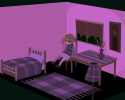 Rule 34 | 1girl, antenna hair, bed, bedroom, brown eyes, commentary request, flipped hair, gingham, indoors, isometric, jitome, kneehighs, lamp, light brown hair, long sleeves, no mouth, on chair, plant, portrait (object), potted plant, purple skirt, purple socks, purple sweater, purple theme, purple vest, rug, shoes, short hair, sitting, skirt, socks, solo, suyazzz (soyoyon), sweater, table, tablecloth, turtleneck, turtleneck sweater, urotsuki, vase, vest, wide shot, window, yume 2kki