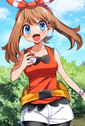 Rule 34 | 1girl, :d, black pantyhose, blue eyes, blue sky, bow, bow hairband, breasts, brown hair, cloud, collarbone, cowboy shot, creatures (company), day, game freak, hair between eyes, hair bow, hairband, highres, holding, holding poke ball, long hair, looking at viewer, may (pokemon), medium breasts, nintendo, open mouth, outdoors, pantyhose, pantyhose under shorts, poke ball, pokemon, pokemon oras, red bow, red hairband, red shirt, shirt, short shorts, shorts, sky, sleeveless, sleeveless shirt, smile, solo, standing, twintails, white shorts, yuihico