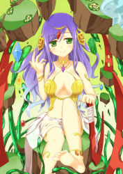Rule 34 | 1girl, anklet, barefoot, blush, breasts, circlet, cleavage, dirt, feet, flower, gaia (p&amp;d), green eyes, hair ornament, jewelry, kurobane (fukurou15), large breasts, long hair, looking at viewer, lots of jewelry, purple hair, puzzle &amp; dragons, sitting, skirt, smile, soles, solo, white skirt