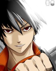 Rule 34 | 10s, black hair, drifters, highres, looking at viewer, male focus, red eyes, shimazu toyohisa, simple background, smile, solo, tetsua rei, white background