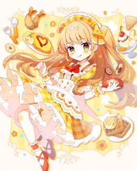 Rule 34 | 1girl, :p, blonde hair, bow, cookie, dress, food, fork, full body, green eyes, hair bow, high side ponytail, highres, holding, ketchup, ketchup bottle, omelet, omurice, original, red footwear, saijo1201, solo, spoon, tongue, tongue out, waffle, yellow bow, yellow dress