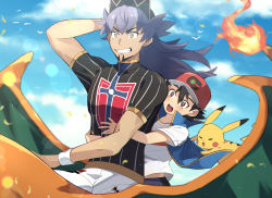 Rule 34 | 2boys, arm behind head, ash ketchum, blurry, champion uniform, charizard, cloud, commentary request, creatures (company), dark-skinned male, dark skin, day, facial hair, fire, flame-tipped tail, floating hair, game freak, gen 1 pokemon, grin, highres, hug, hug from behind, lens flare, leon (pokemon), long hair, male focus, multiple boys, multiple riders, nintendo, open mouth, ou negi, outdoors, pikachu, pokemon, pokemon (anime), pokemon (creature), pokemon journeys, purple hair, riding, riding pokemon, shield print, shirt, short sleeves, shorts, sky, smile, sword print, teeth, tongue, upper teeth only, white shorts, yellow eyes