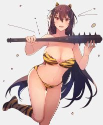 Rule 34 | 1girl, alternate costume, animal print, beans, bikini, black hair, boots, breasts, cleavage, club, club (weapon), cone horns, cosplay, grey background, hair between eyes, highres, holding, holding weapon, horns, kanabou, kantai collection, kasumi (skchkko), knee boots, large breasts, long hair, lum, lum (cosplay), mamemaki, nagato (kancolle), navel, oni, open mouth, print bikini, red eyes, setsubun, simple background, smile, solo, spiked club, swimsuit, tiger print, urusei yatsura, weapon