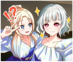 Rule 34 | !?, 2girls, blonde hair, blue dress, blue eyes, blue hair, border, closed mouth, collarbone, colored inner hair, commentary request, diagonal bangs, dress, fang, frilled dress, frills, gradient hair, grey hair, hairband, light blue hair, link! like! love live!, long hair, looking at another, looking at viewer, love live!, multicolored hair, multiple girls, osawa rurino, parted bangs, ponytail, red eyes, red hair, selfie, short hair, smile, sparkle, split mouth, v, v-shaped eyebrows, v over head, virtual youtuber, white border, white hairband, white sleeves, yamanju, yugiri tsuzuri