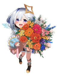 Rule 34 | 1girl, amane kanata, blue hair, bouquet, flower, gulim, highres, holding, holding bouquet, hololive, long sleeves, looking at viewer, multicolored hair, open mouth, purple eyes, shoes, short hair, simple background, sleeves past wrists, smile, socks, solo, streaked hair, virtual youtuber, white background, white hair, wings