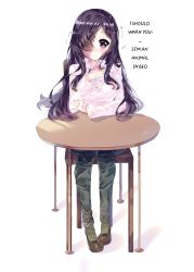 Rule 34 | 1girl, airy45525312, black hair, blush, burn scar, casual, center frills, chair, commentary, commission, elbow rest, english commentary, english text, frills, full body, hair over one eye, hand up, highres, ikezawa hanako, katawa shoujo, light smile, long hair, long sleeves, looking at viewer, pants, purple eyes, scar, shirt, simple background, sitting, solo, table, white background, white shirt