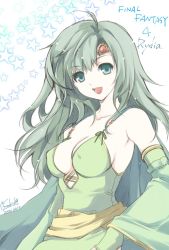 Rule 34 | 1girl, :d, aged up, breasts, cape, collarbone, dated, detached sleeves, final fantasy, final fantasy iv, green eyes, green hair, hair ornament, long hair, looking at viewer, open mouth, rydia (ff4), smile, solo, sono kichi, star (symbol)