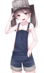 Rule 34 | 10s, 1girl, bad id, bad pixiv id, bare arms, bare shoulders, brown eyes, brown hair, collarbone, hat, highres, jewelry, kantai collection, long hair, looking at viewer, naked overalls, open mouth, overalls, rerrere, ring, ryuujou (kancolle), salute, simple background, smile, solo, twintails, wedding band