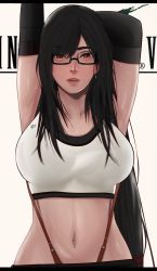 Rule 34 | 1girl, armpits, arms up, black-framed eyewear, black gloves, black hair, black skirt, breasts, commentary, crop top, drop earrings, earrings, edmun6969, elbow gloves, final fantasy, final fantasy vii, final fantasy vii remake, glasses, gloves, highres, jewelry, large breasts, long hair, looking at viewer, midriff, navel piercing, parted lips, piercing, red eyes, signature, skirt, solo, sports bra, suspender skirt, suspenders, sweat, tifa lockhart, upper body, white background, white sports bra