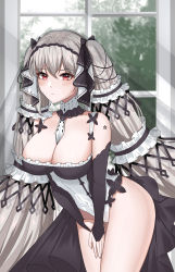 Rule 34 | 1girl, absurdres, azur lane, bare shoulders, between breasts, black dress, black ribbon, breasts, chinese commentary, cleavage, clothing cutout, detached collar, dress, formidable (azur lane), frilled dress, frills, grey hair, hair ribbon, highres, indoors, large breasts, leaning forward, long hair, red eyes, ribbon, shoulder cutout, solo, standing, twintails, two-tone ribbon, v arms, veil, very long hair, white ribbon, window, yuyu-lyf